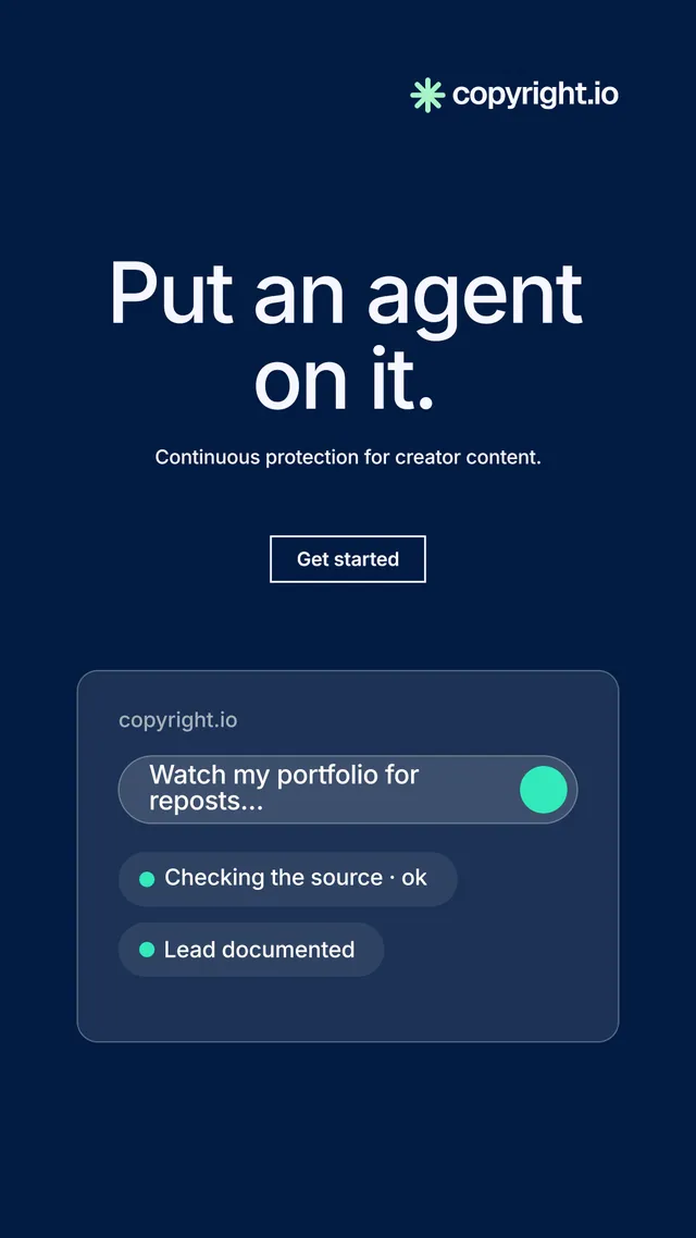 Instagram story for copyright.io: "Put an agent on it." Editorial style, centred layout, dark palette in blue.