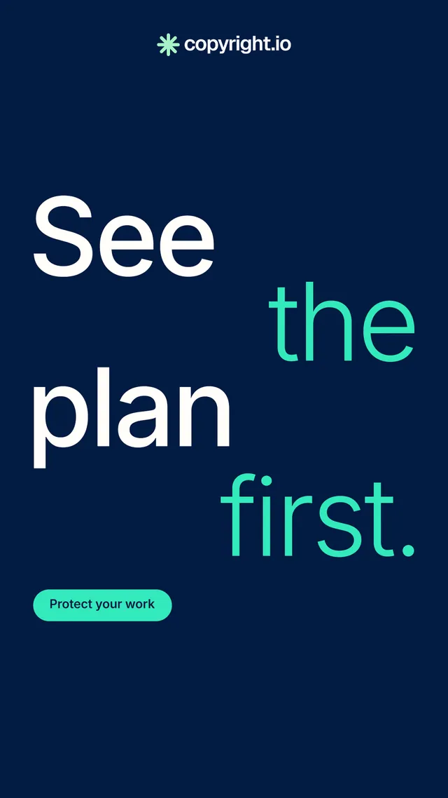 Instagram story for copyright.io: "See the plan first." Y2K style, stacked layout, dark palette in blue, teal.