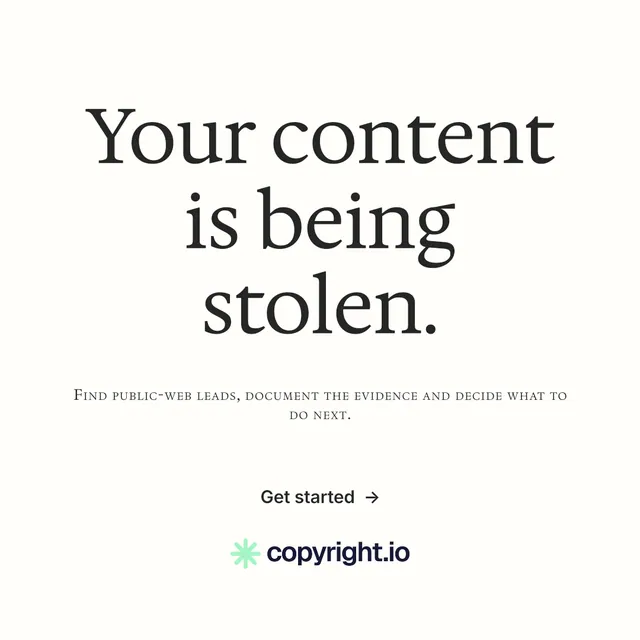 Instagram post for copyright.io: "Your content is being stolen." Minimal luxury style, smallcaps layout, light palette in white, grey.