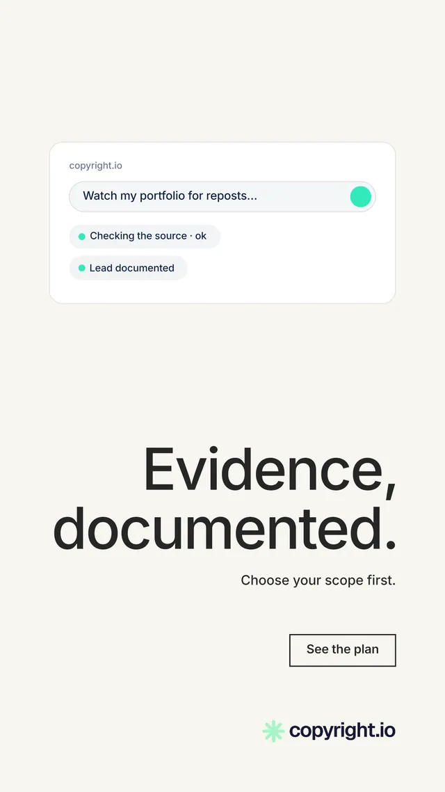 Instagram story for copyright.io: "Evidence, documented." Editorial style, right layout, light palette in white, grey.