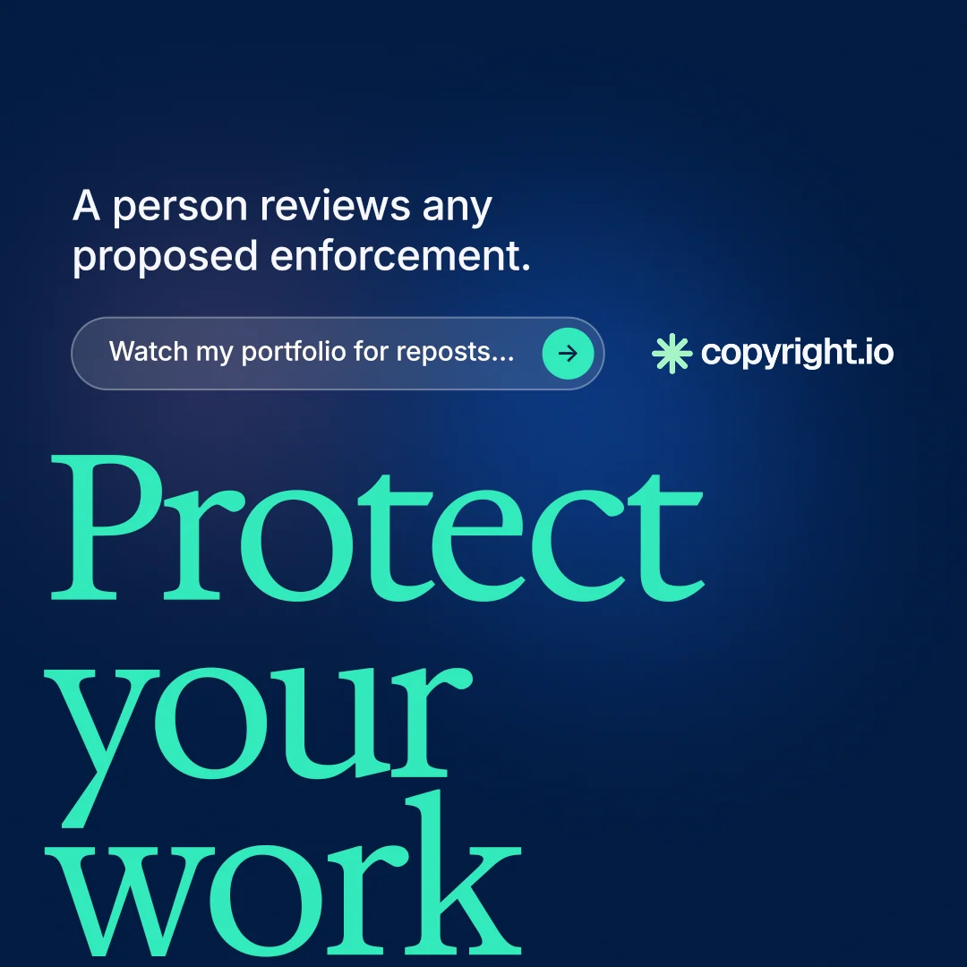 Instagram post for copyright.io: "Put an agent on it." Agentic glass style, oversized layout, dark palette in blue, teal.