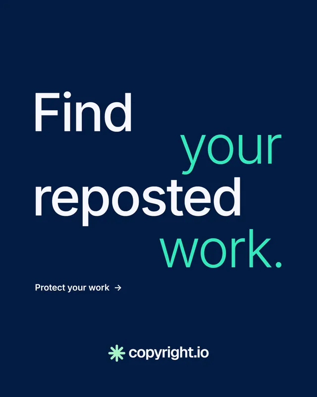 Instagram portrait post for copyright.io: "Find your reposted work." Minimal luxury style, stacked layout, dark palette in blue.