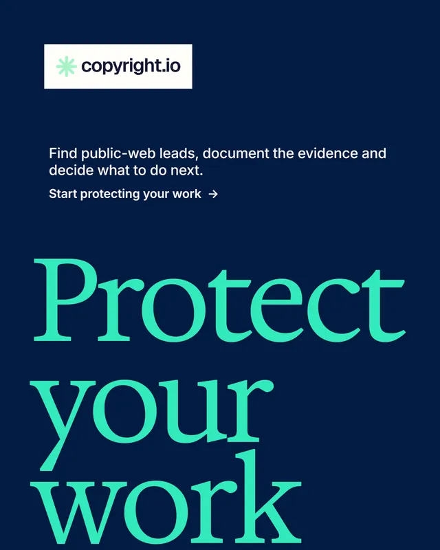 Instagram portrait post for copyright.io: "Your content is being stolen." Minimal luxury style, oversized layout, dark palette in blue, teal.