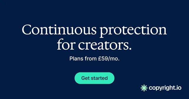 Social ad for copyright.io: "Continuous protection for creators." Y2K style, centred layout, dark palette in blue.
