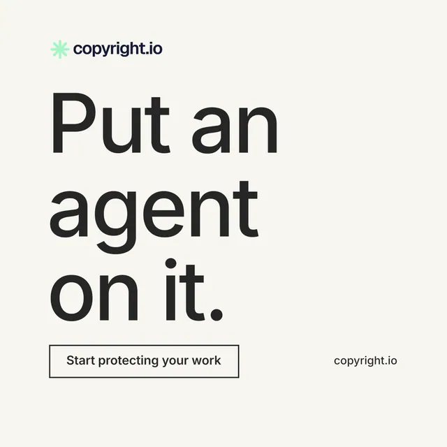 Instagram post for copyright.io: "Put an agent on it." Editorial style, poster layout, light palette in white, grey.