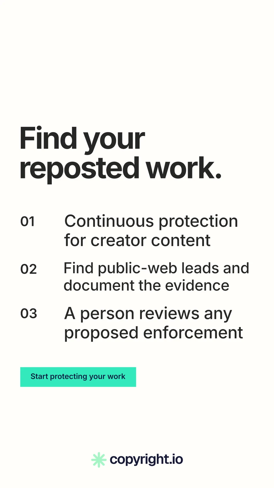 Instagram story for copyright.io: "Find your reposted work." Swiss style, numbered layout, light palette in white, grey.