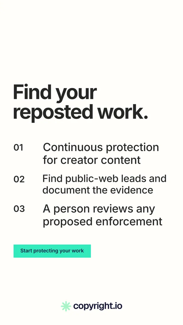 Instagram story for copyright.io: "Find your reposted work." Swiss style, numbered layout, light palette in white, grey.