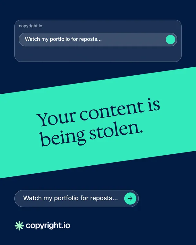 Instagram portrait post for copyright.io: "Your content is being stolen." Agentic glass style, diagonal layout, dark palette in blue, teal.