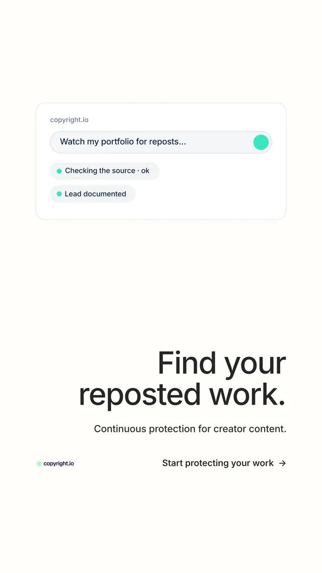 Instagram story for copyright.io: "Find your reposted work." Minimal luxury style, right layout, light palette in white.