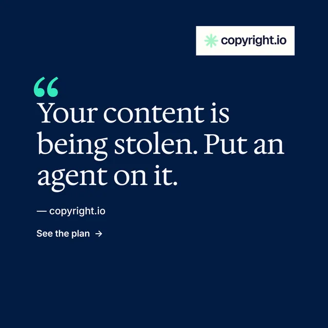 Instagram post for copyright.io: "Find your reposted work." Minimal luxury style, quote layout, dark palette in blue.