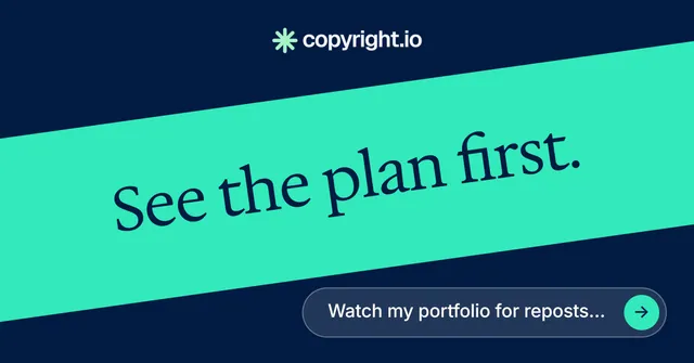 Social ad for copyright.io: "See the plan first." Agentic glass style, diagonal layout, light palette in teal, blue.