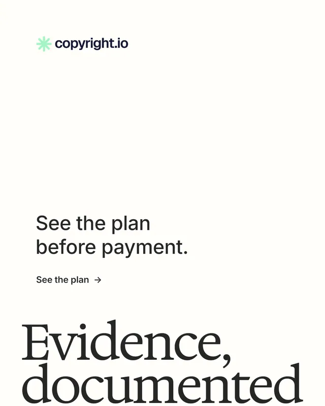 Instagram portrait post for copyright.io: "Continuous protection for creators." Minimal luxury style, oversized layout, light palette in white, grey.