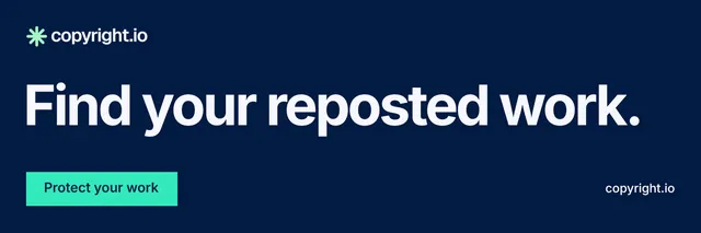 X header for copyright.io: "Find your reposted work." Swiss style, poster layout, dark palette in blue.