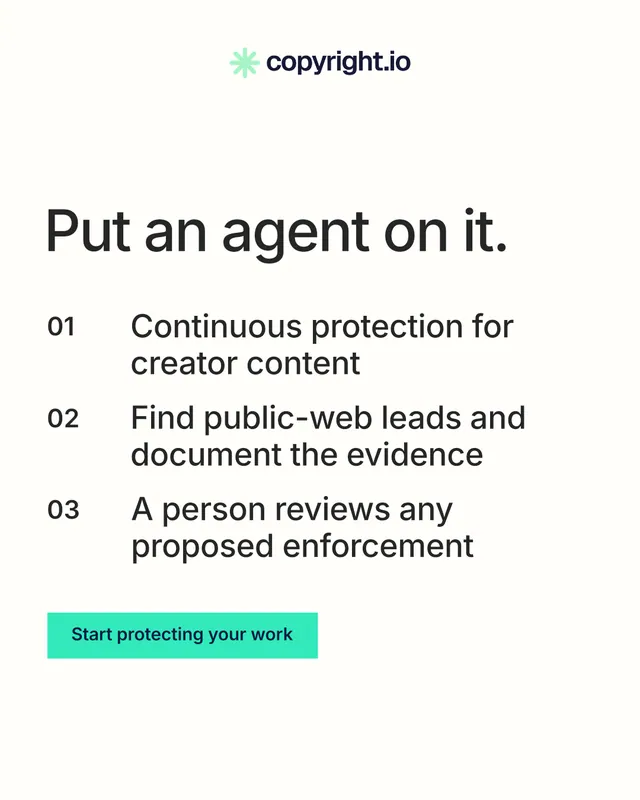 Instagram portrait post for copyright.io: "Put an agent on it." Swiss style, numbered layout, light palette in white, grey.