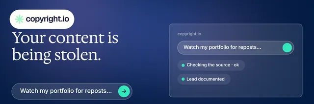 X header for copyright.io: "Your content is being stolen." Agentic glass style, bottom layout, dark palette in blue.