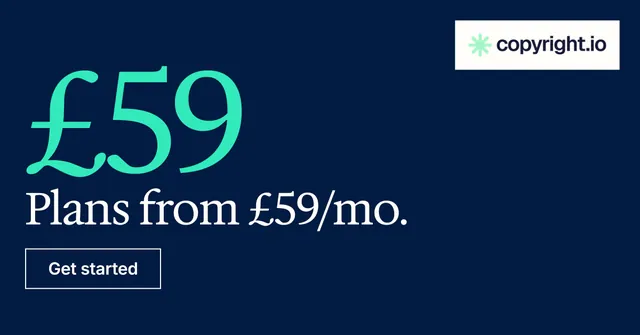 Social ad for copyright.io: "Put an agent on it." Editorial style, stat layout, dark palette in blue, teal.