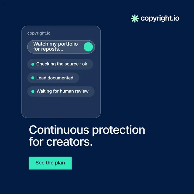 Instagram post for copyright.io: "Continuous protection for creators." Swiss style, skeleton layout, dark palette in blue.