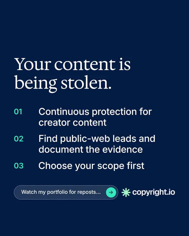 Instagram portrait post for copyright.io: "Your content is being stolen." Agentic glass style, numbered layout, dark palette in blue.