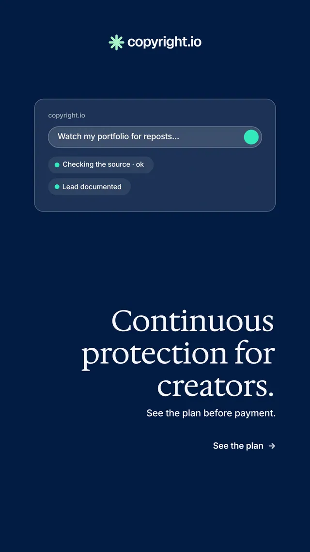Instagram story for copyright.io: "Continuous protection for creators." Minimal luxury style, right layout, dark palette in blue.