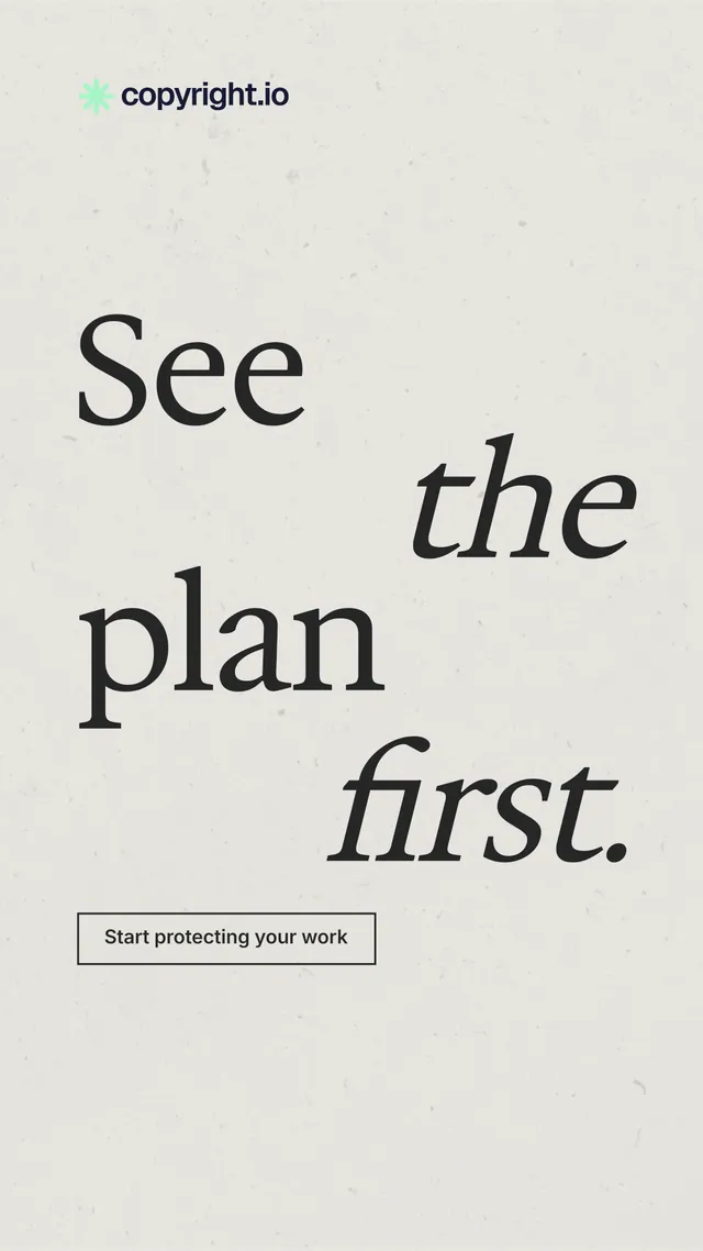 Instagram story for copyright.io: "See the plan first." Editorial style, stacked layout, light palette in white, grey.