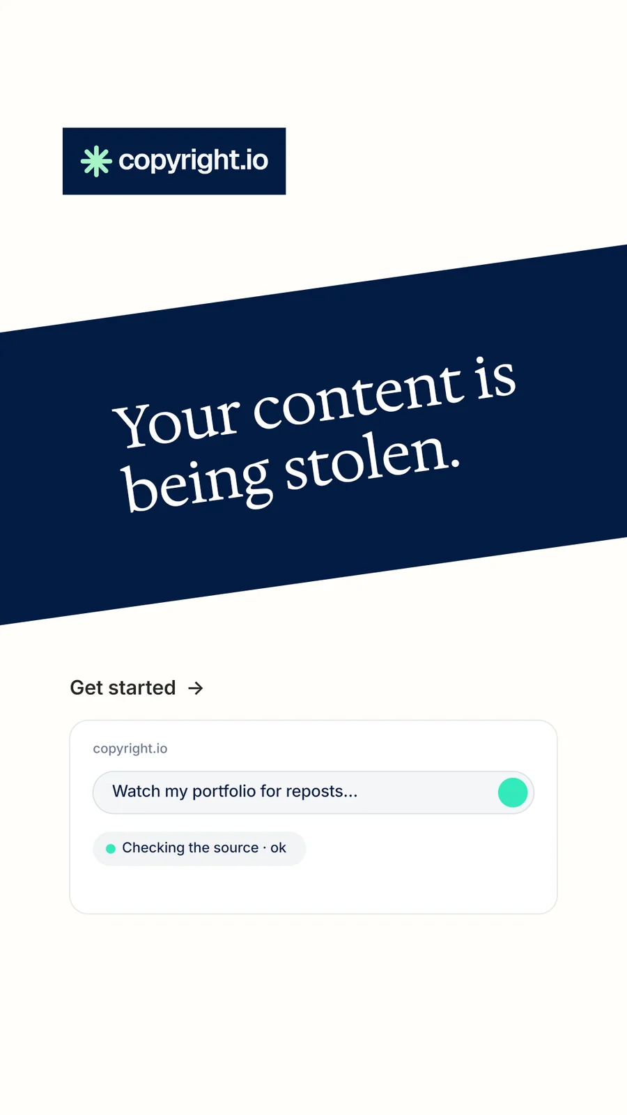 Instagram story for copyright.io: "Your content is being stolen." Minimal luxury style, diagonal layout, light palette in white, blue.