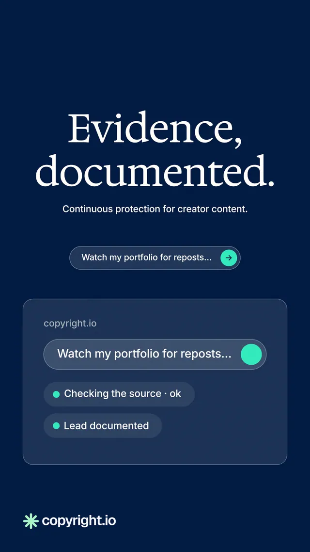 Instagram story for copyright.io: "Evidence, documented." Agentic glass style, centred layout, dark palette in blue.