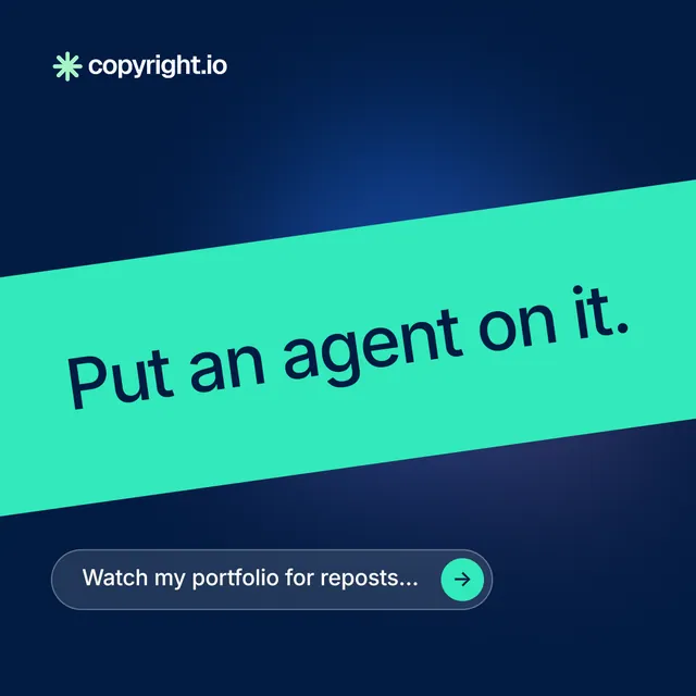 Instagram post for copyright.io: "Put an agent on it." Agentic glass style, diagonal layout, dark palette in teal, blue.