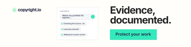 LinkedIn banner for copyright.io: "Evidence, documented." Swiss style, skeleton layout, light palette in white, teal.