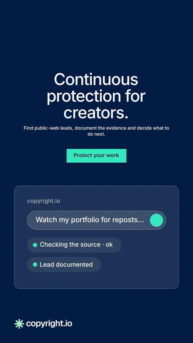 Instagram story for copyright.io: "Continuous protection for creators." Split block style, centred layout, dark palette in blue.