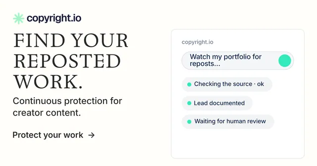 Social ad for copyright.io: "Find your reposted work." Minimal luxury style, bottom layout, light palette in white.