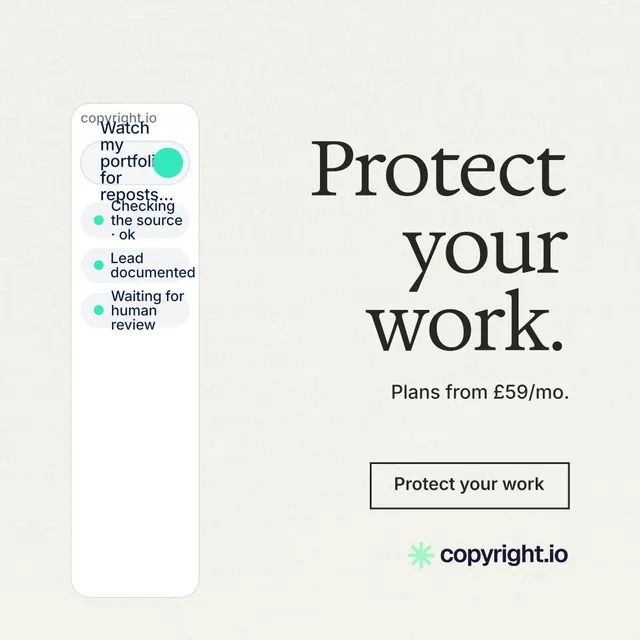 Instagram post for copyright.io: "Protect your work." Editorial style, right layout, light palette in white, grey.