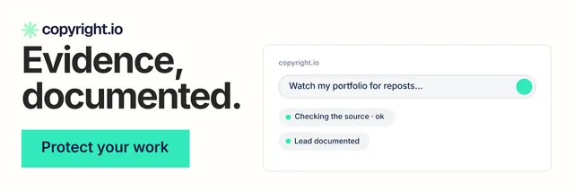 X header for copyright.io: "Evidence, documented." Swiss style, skeleton layout, light palette in white, teal.