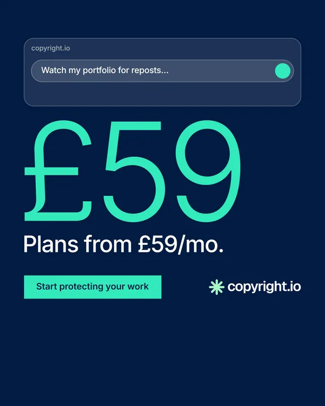 Instagram portrait post for copyright.io: "Continuous protection for creators." Swiss style, stat layout, dark palette in blue, teal.