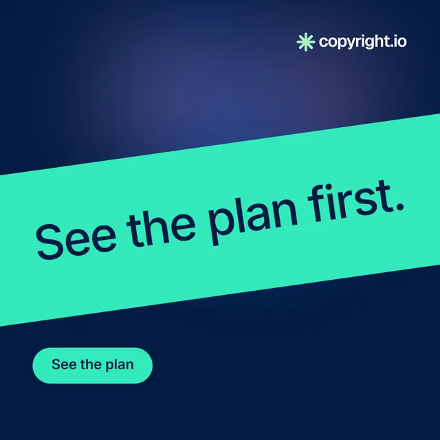Instagram post for copyright.io: "See the plan first." Y2K style, diagonal layout, dark palette in blue, teal.