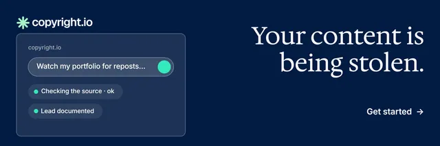 X header for copyright.io: "Your content is being stolen." Minimal luxury style, right layout, dark palette in blue.