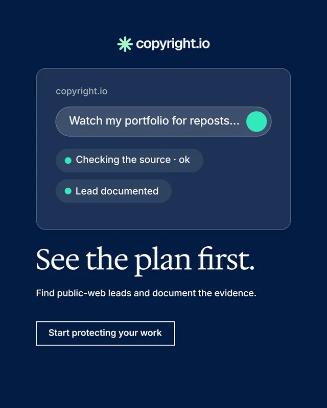 Instagram portrait post for copyright.io: "See the plan first." Editorial style, bottom layout, dark palette in blue.