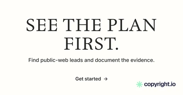 Social ad for copyright.io: "See the plan first." Minimal luxury style, centred layout, light palette in white, grey.