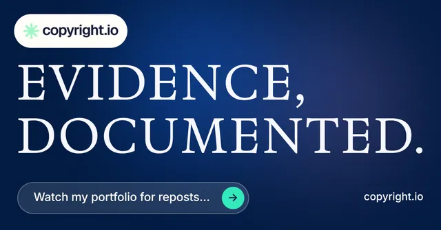 Social ad for copyright.io: "Evidence, documented." Agentic glass style, poster layout, dark palette in blue.