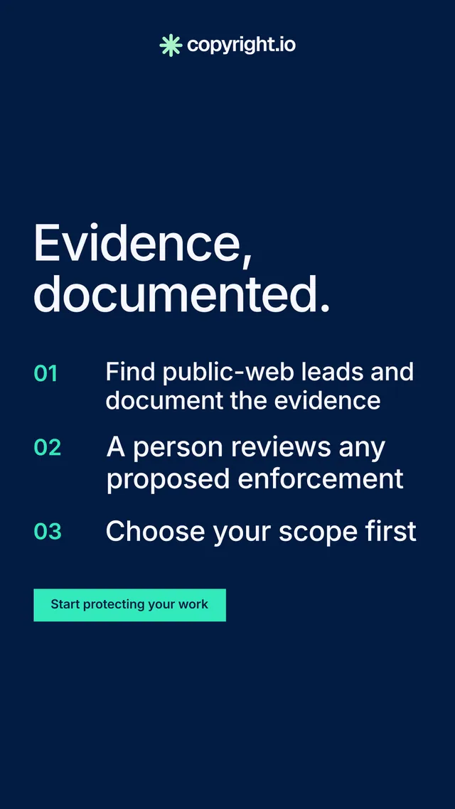 Instagram story for copyright.io: "Evidence, documented." Split block style, numbered layout, dark palette in blue.