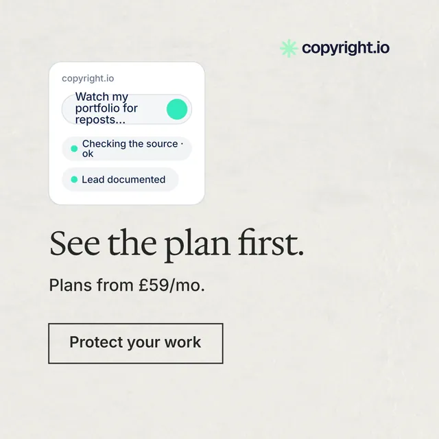 Instagram post for copyright.io: "See the plan first." Editorial style, skeleton layout, light palette in white.