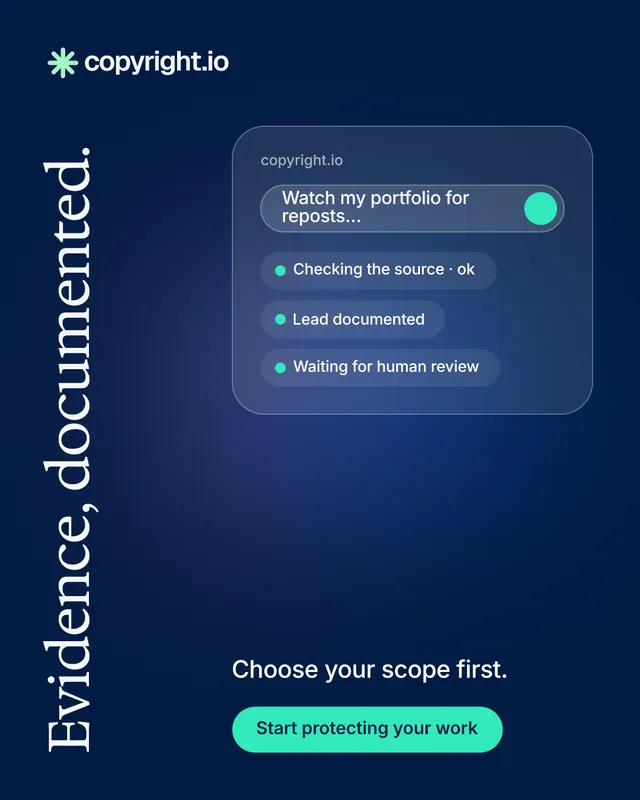 Instagram portrait post for copyright.io: "Evidence, documented." Y2K style, vertical layout, dark palette in blue.