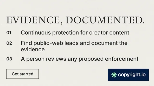 Landscape graphic for copyright.io: "Evidence, documented." Editorial style, numbered layout, light palette in white, grey.