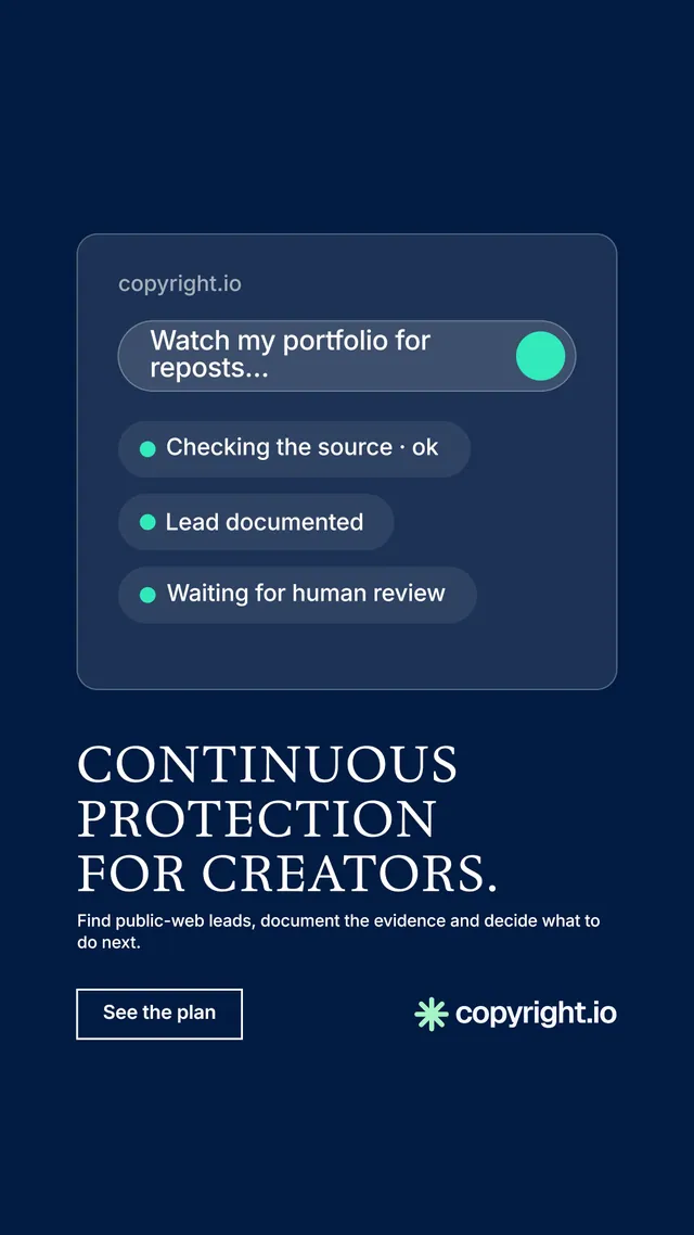 Instagram story for copyright.io: "Continuous protection for creators." Editorial style, bottom layout, dark palette in blue.