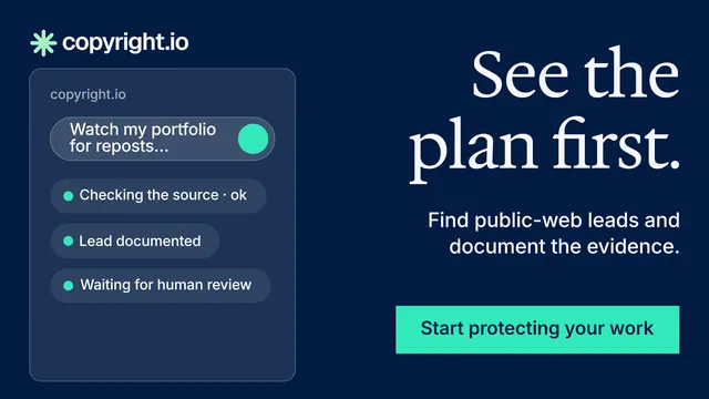 Landscape graphic for copyright.io: "See the plan first." Split block style, right layout, dark palette in blue, teal.