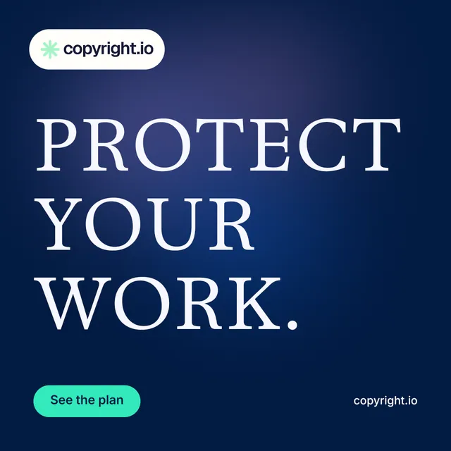 Instagram post for copyright.io: "Protect your work." Y2K style, poster layout, dark palette in blue.