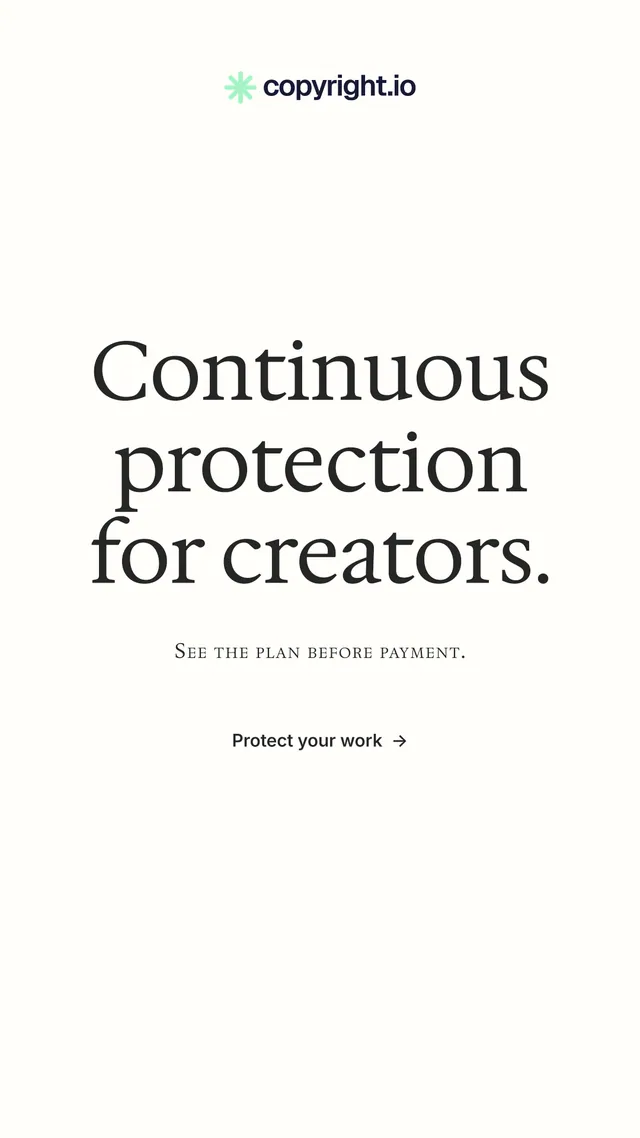 Instagram story for copyright.io: "Continuous protection for creators." Minimal luxury style, smallcaps layout, light palette in white.