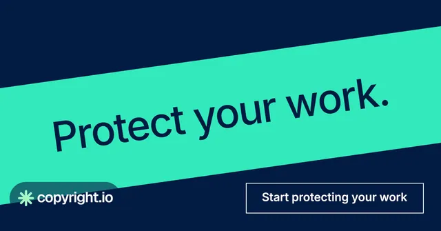 Social ad for copyright.io: "Protect your work." Editorial style, diagonal layout, dark palette in teal, blue.