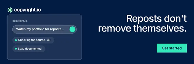 X header for copyright.io: "Reposts don't remove themselves." Swiss style, right layout, dark palette in blue.