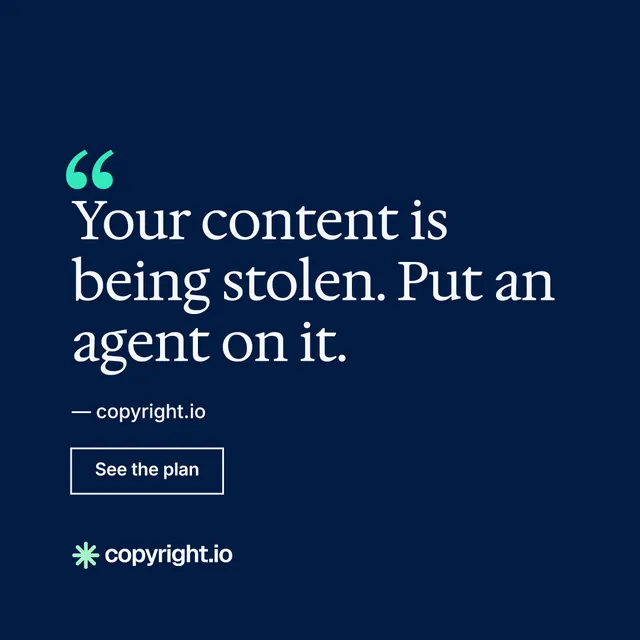 Instagram post for copyright.io: "Continuous protection for creators." Editorial style, quote layout, dark palette in blue.