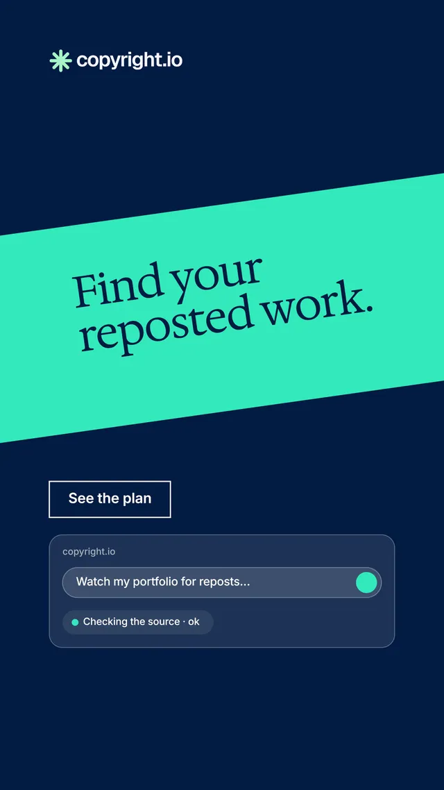 Instagram story for copyright.io: "Find your reposted work." Editorial style, diagonal layout, dark palette in blue, teal.